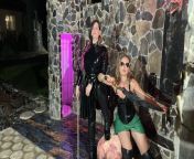 Blonde and brunette Dominatrix severe brutal thighs caning from very crying