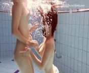 Iva Brizgina and hottie Paulinka swim naked underwater from naked boys indoor pool