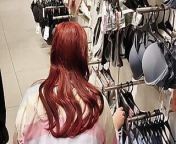 OUTDOOR RED HAIR BITCH walking with a PLUG and MASTURBATING in the DRESSING ROOM from dildo in dressing room