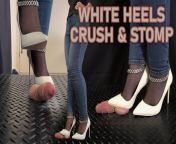 White Heels Crush and Stomp - Bootjob, Shoejob, Ballbusting, CBT, Trample, Trampling, High Heels, Crush, Stiletto from high heels ball trampling cum in feet