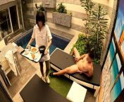 I jerk off in the private pool when the room service girl brings me breakfast and helps me finish by giving me a blowjob from cheating guy is shocked when his girlfriend just shows up