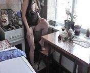 MILF solo. Squirt. In morning in kitchen, sexy Milf drinks coffee, masturbates wet pussy, gets strong orgasm and squirts from solo squirt orgmas