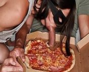 Eating pizza and dick. blow job. She finds a dick inside a pizza box from boy eating food on girlfriends body