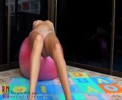 Naked yoga Naked gymnastics. Young beauty babe on fitball. Part from netball