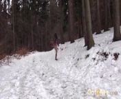 Hot and Sexy Brunette Releases Powerful Pee Outside In Snow from voyeur pee